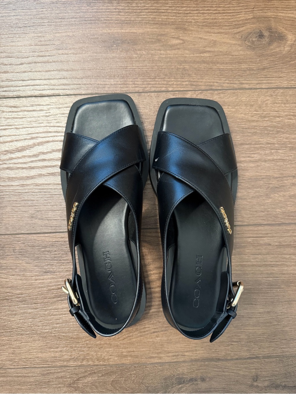Coach Black Leather Crisscross Slingback Sandals with Gold Accent